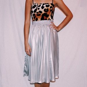 Shiny Silver Pleated Midi Skirt